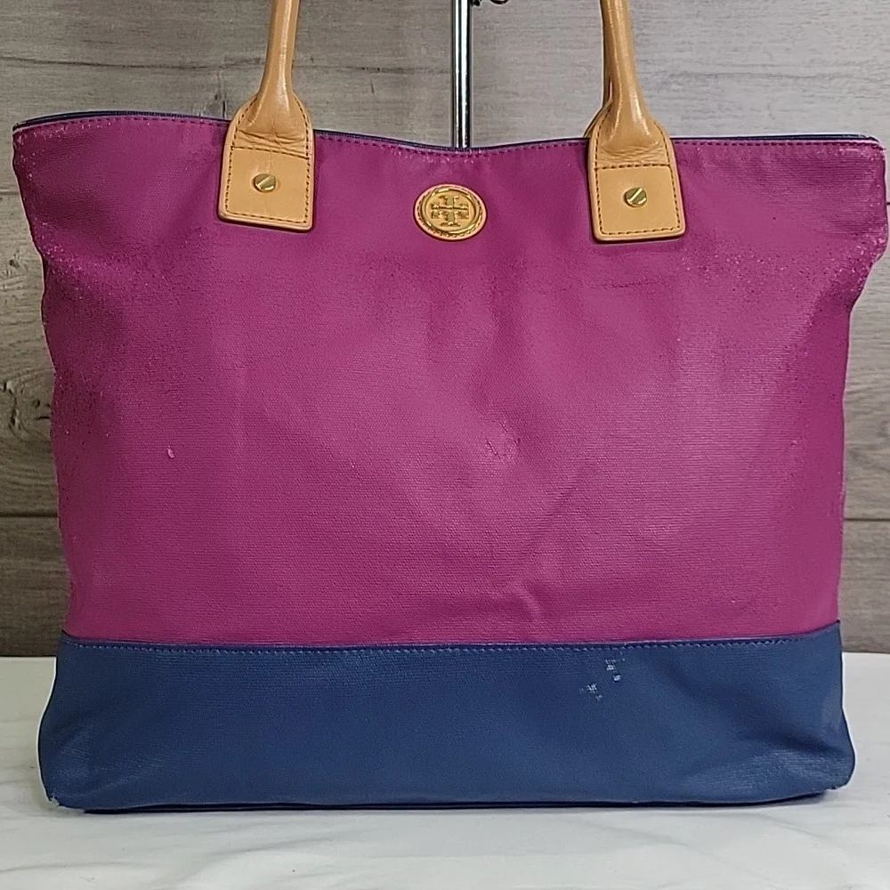 Tory Burch Dipped Canvas Leather Purple Blue Jaden Tote Shoulder Bag